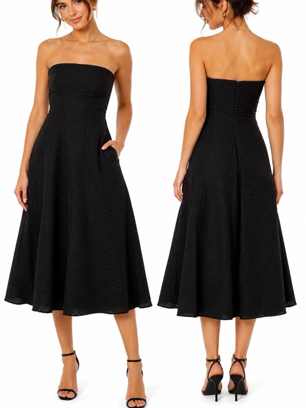 J. Crew Strapless Black Midi Dress with Flared Skirt